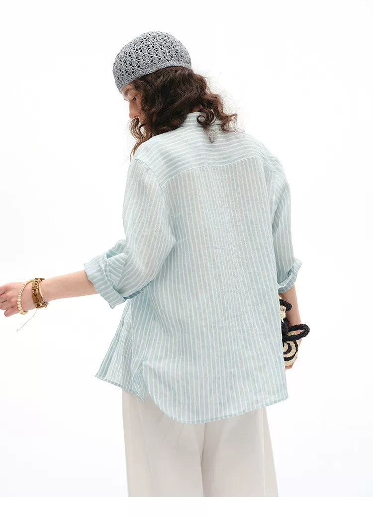 Back view of blue striped linen shirt showing relaxed straight fit