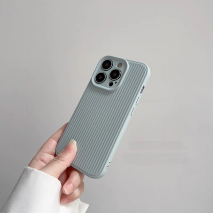 Green striped phone case angled view showing slim fit and textured grip