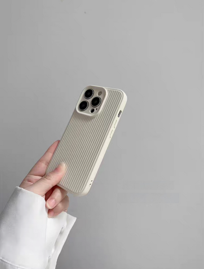 White striped phone case angled view highlighting slim profile and grip texture