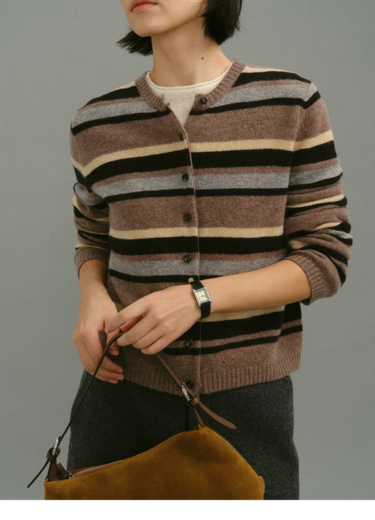Close-up of mocha stripe wool cardigan button front