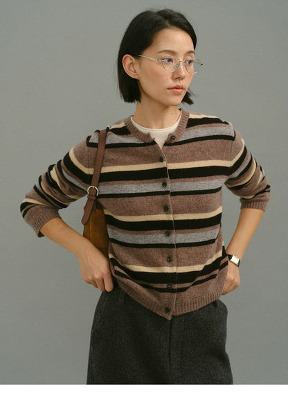 Mocha stripe wool cardigan, front view