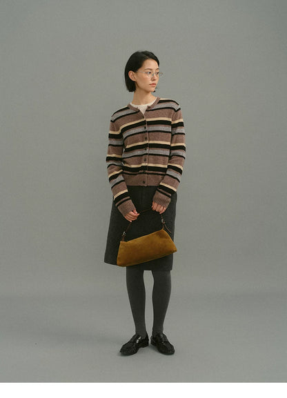 Mocha stripe wool cardigan, full body front view