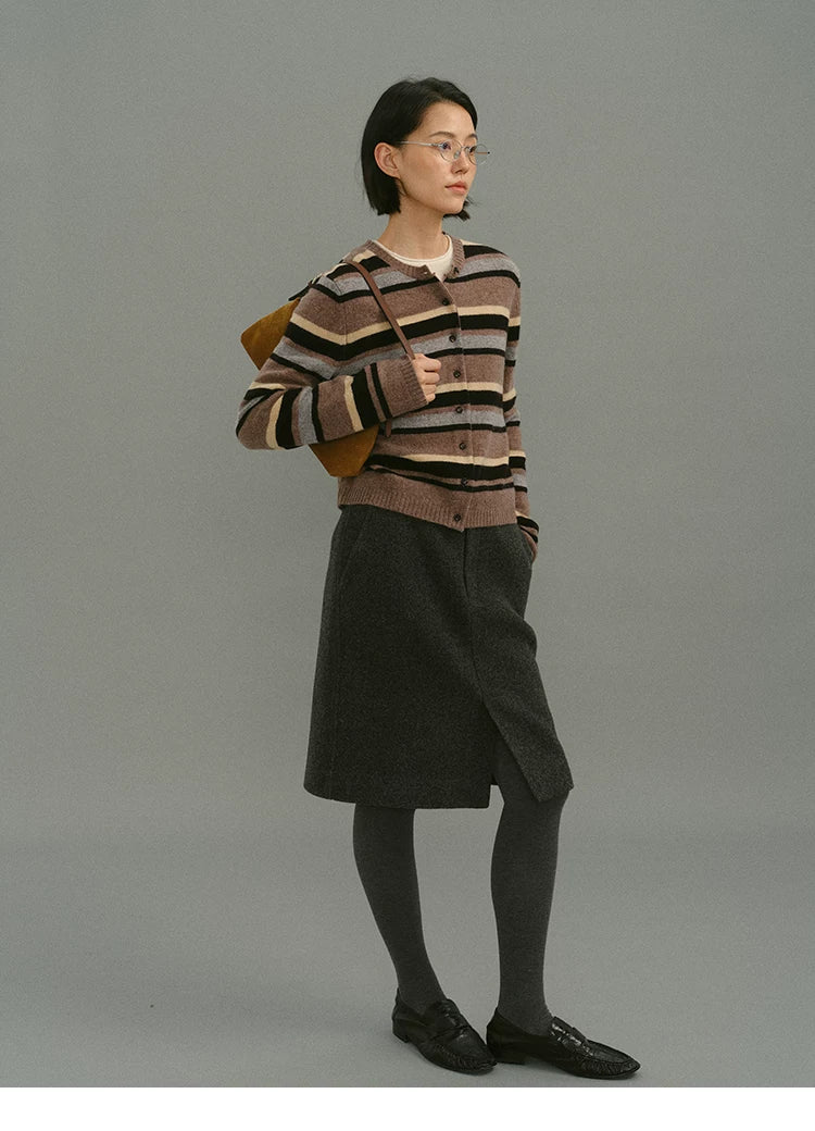 Mocha stripe wool cardigan, full body side view