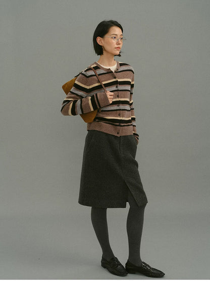 Mocha stripe wool cardigan, full body side view