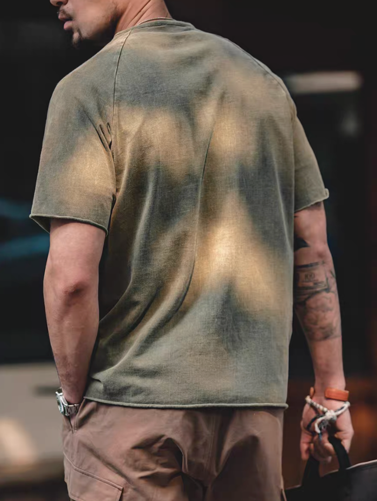 Style Washed Henley T-Shirt Green back view showing vintage washed cotton texture and relaxed fit silhouette