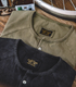 Style Washed Henley T-Shirt Green and Black flat lay showing vintage washed cotton texture Y-shaped quarter placket button detail and ribbed crewneck collar