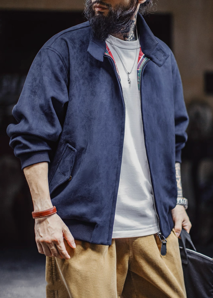Navy suede G9 Harrington jacket front view with tartan lining