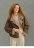 Model wearing mocha brown cropped suede shearling jacket, front view.