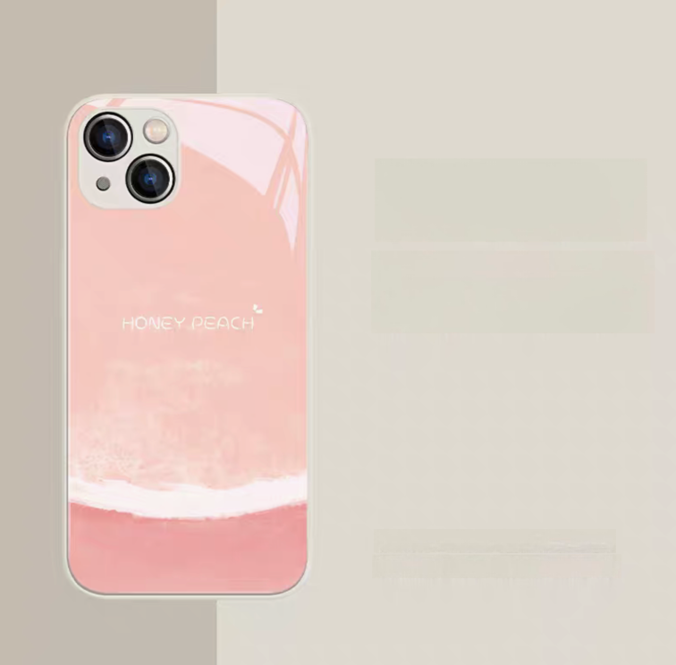 Pink frame peach phone case with soft pastel fruit design glossy smooth finish