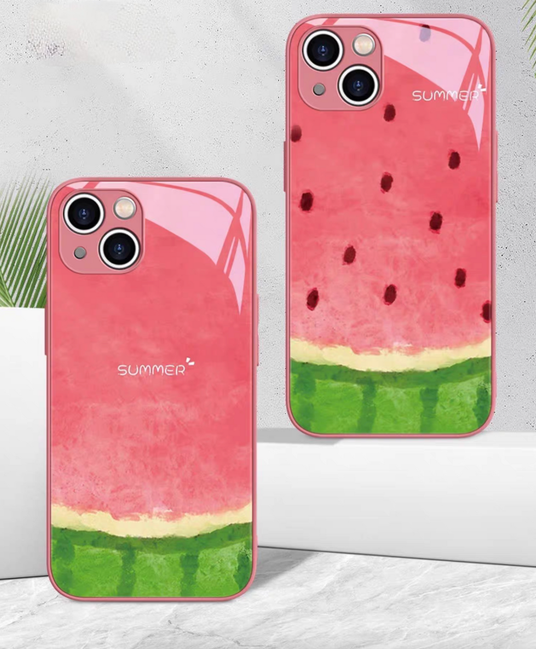 Summer fruit watermelon phone case dual view showing seedless and seeded watermelon designs glossy finish