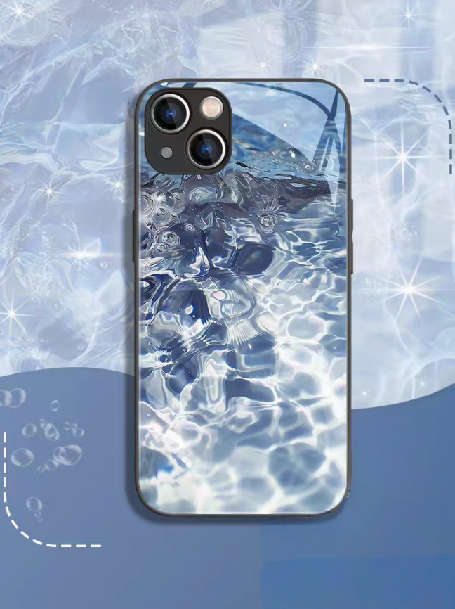 Black frame ocean wave phone case back view with deep blue water ripple pattern glossy protective finish
