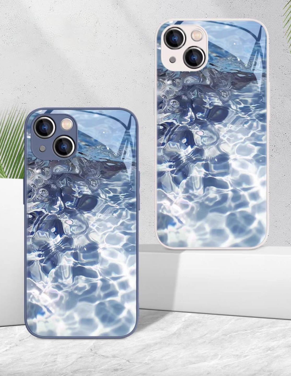 Sunlit water ripple phone case dual view showing lavender frame and white frame ocean wave glossy design