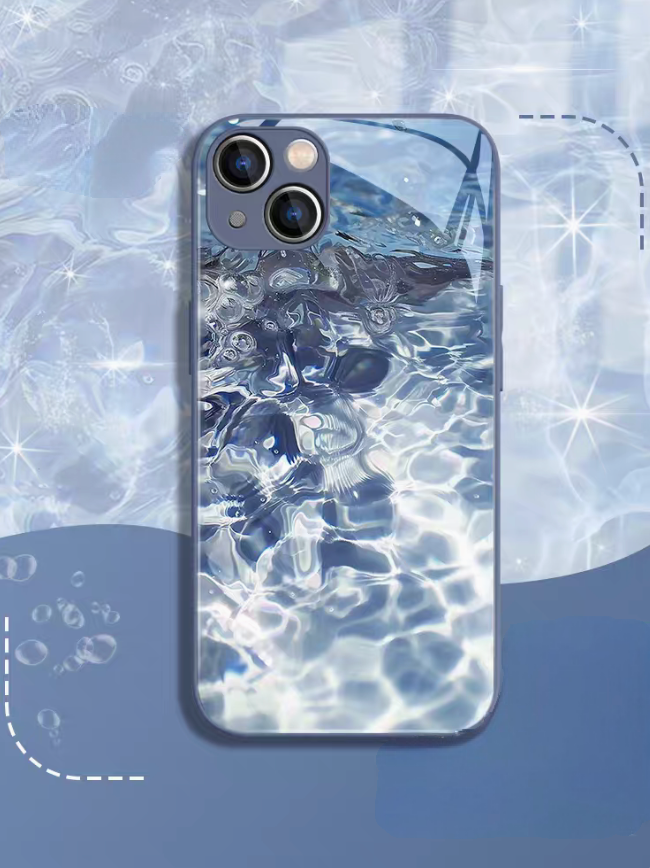 Lavender frame ocean wave phone case back view with blue water ripple pattern glossy tempered glass finish
