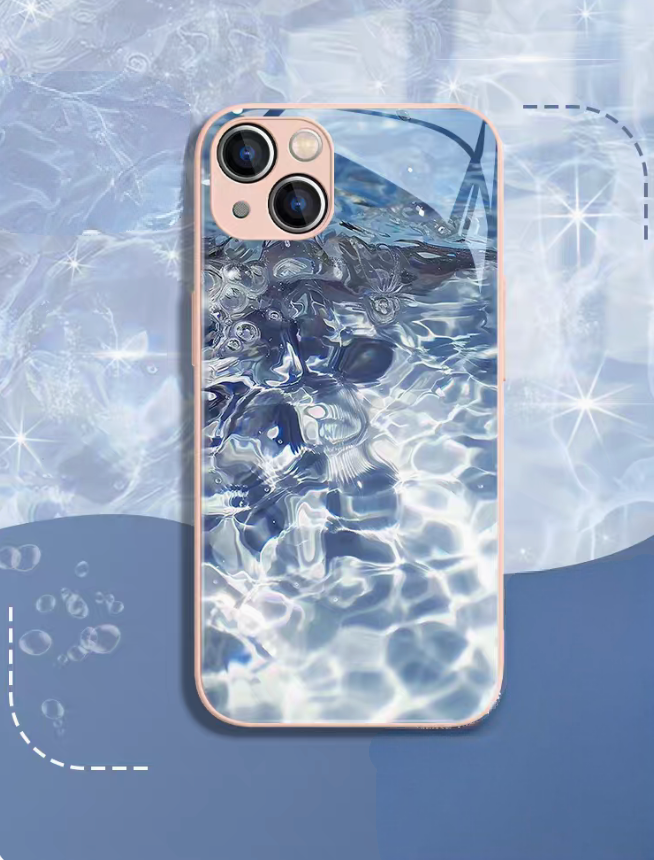 Pink frame ocean wave phone case back view with soft blue water ripple design glossy tempered glass finish