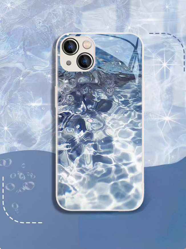 White frame ocean wave phone case back view with bright sunlit water ripple design glossy finish