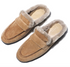 Pair of tan suede loafer mules with a fluffy merino shearling collar