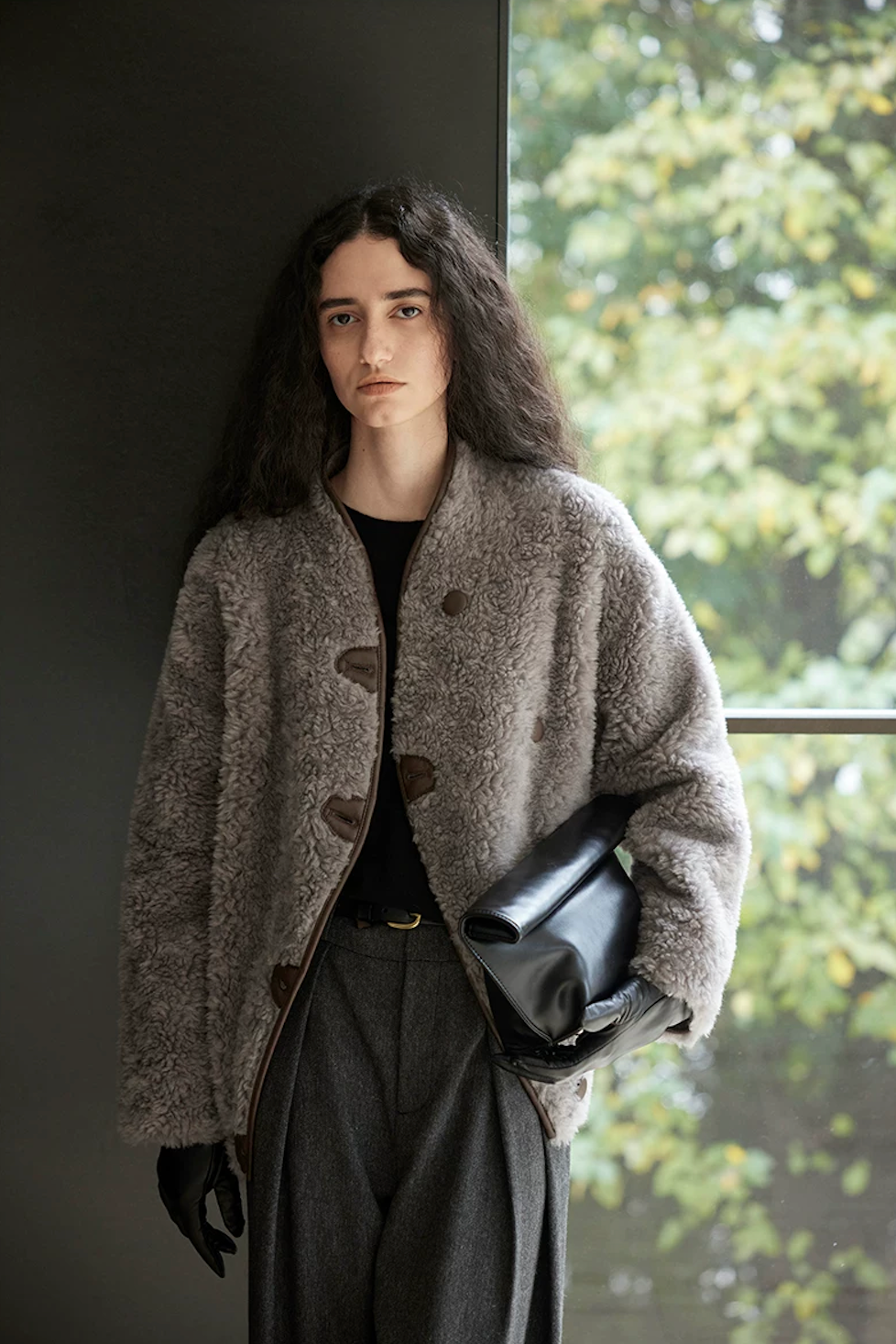 Taupe Gray curly wool teddy jacket with cocoa-brown piping and tab-and-button closure