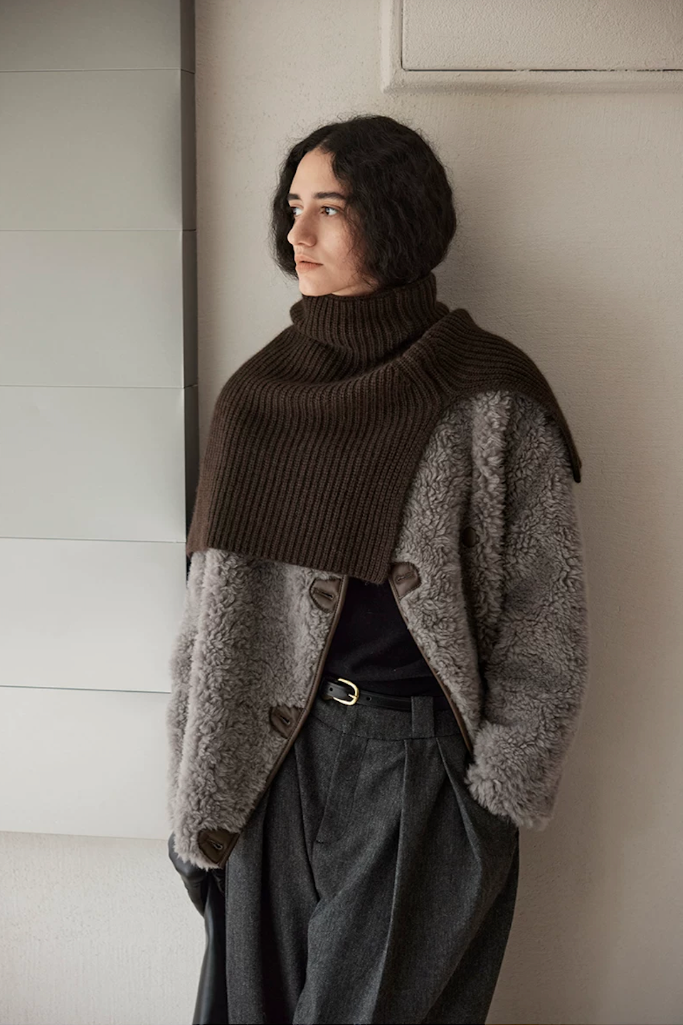Taupe Gray wool teddy jacket with cocoa-brown button tabs and piped front edge