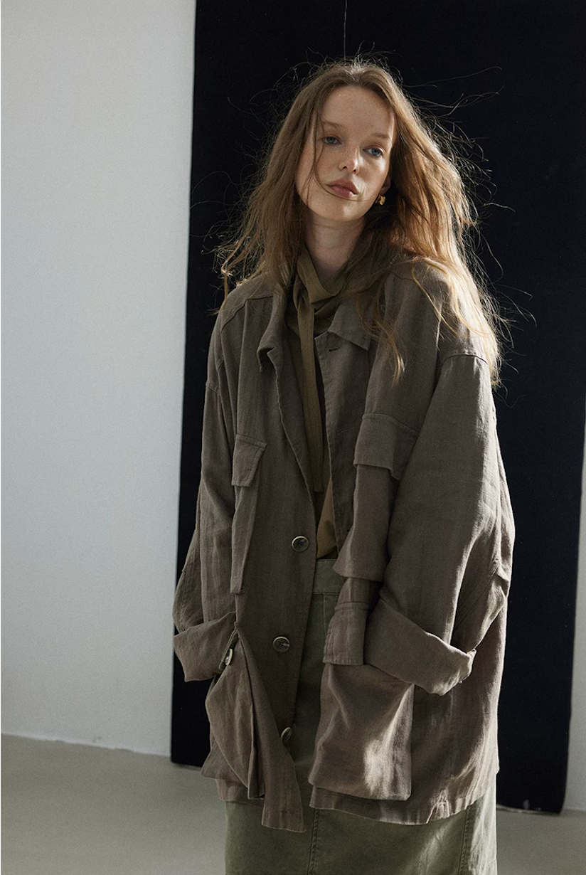 Taupe oversized linen shacket with point collar and large flap pockets