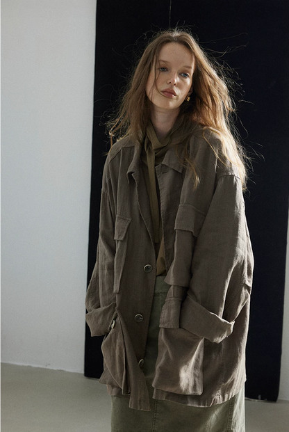Taupe oversized linen shacket with point collar and large flap pockets