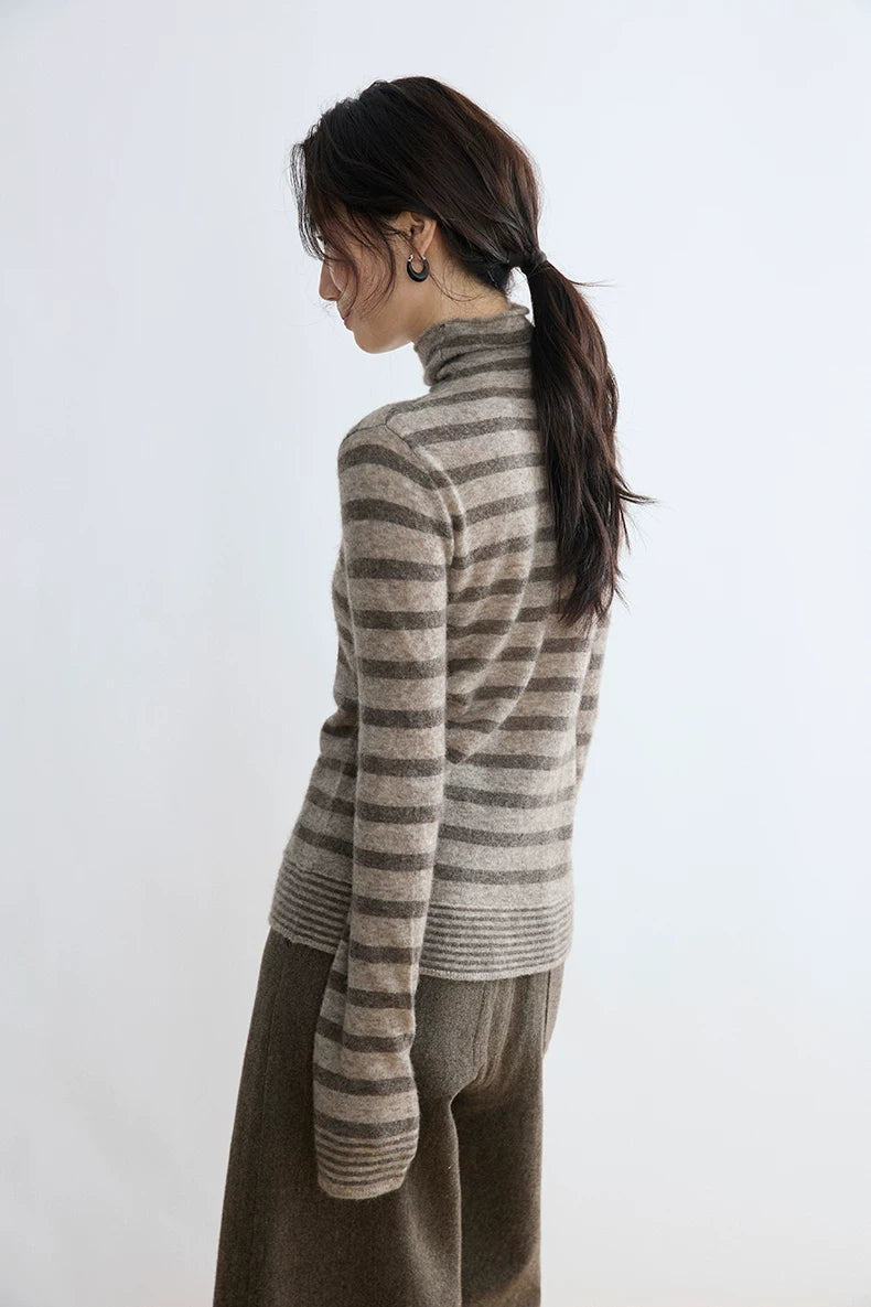 Taupe stripe yak wool turtleneck, back view on model