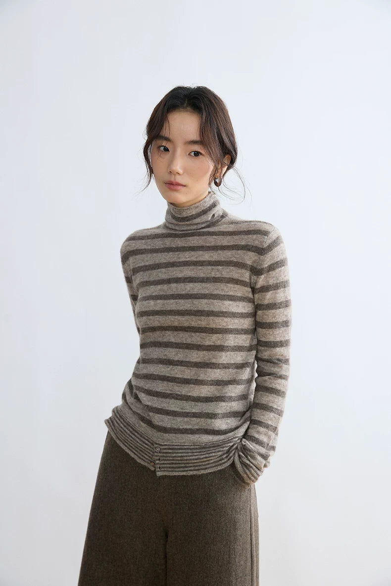 Taupe stripe yak wool turtleneck, close front view