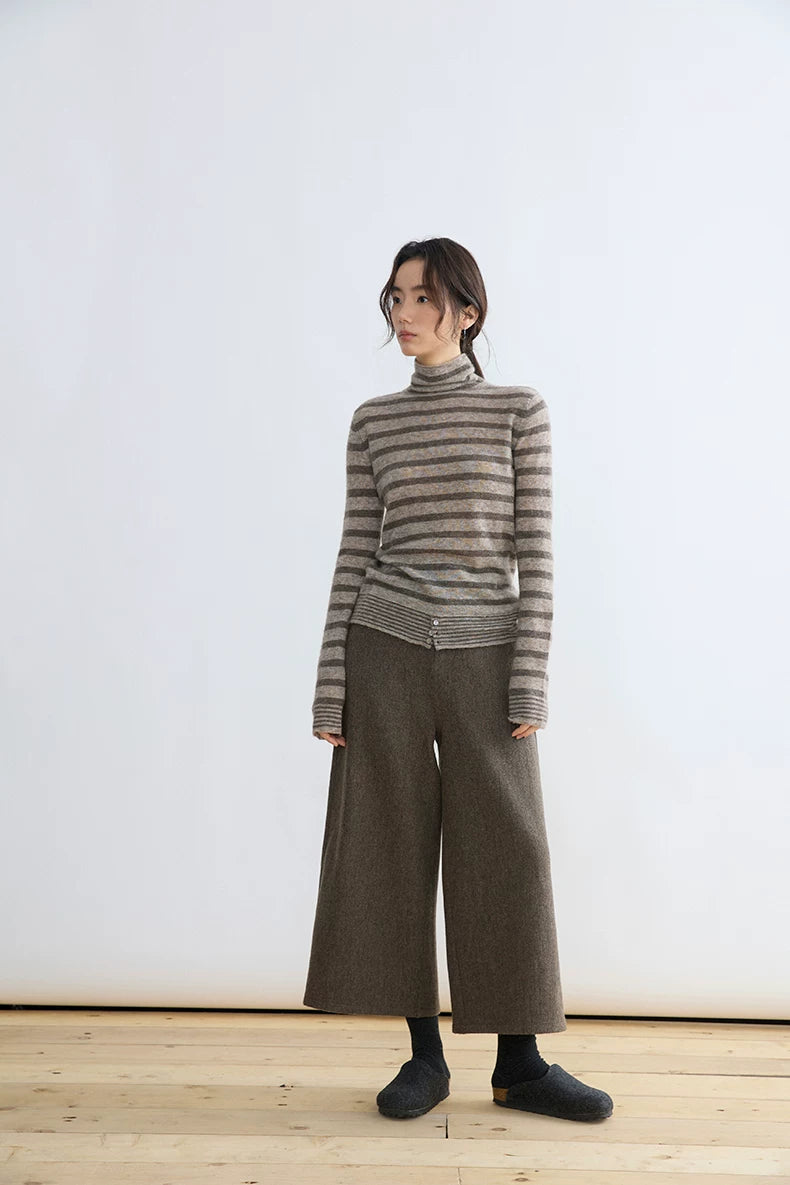 Taupe stripe yak wool turtleneck, full-length front view