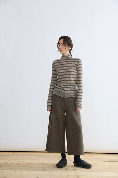 Taupe stripe yak wool turtleneck, full-length front view