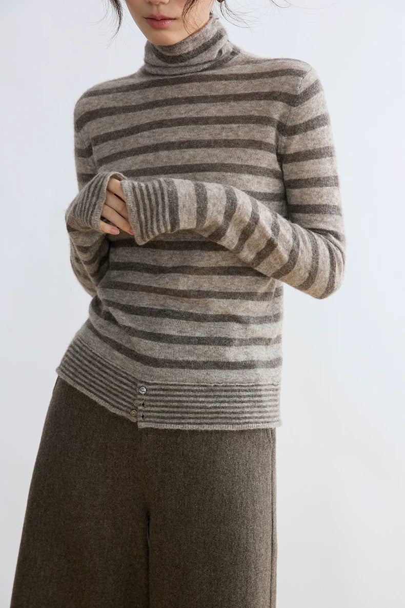 Taupe stripe yak wool turtleneck, close-up of button and slit hem detail