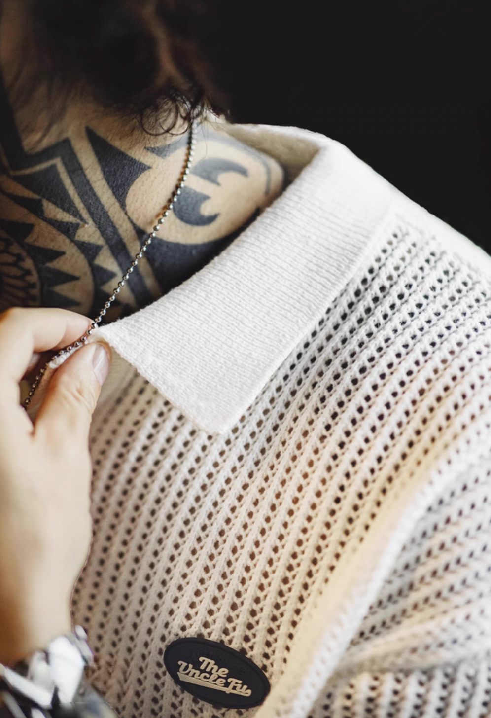 Hollow Knit Short-Sleeve Polo Sweater