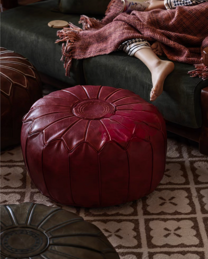 Round Moroccan Embroidered Leather Pouf Cushion