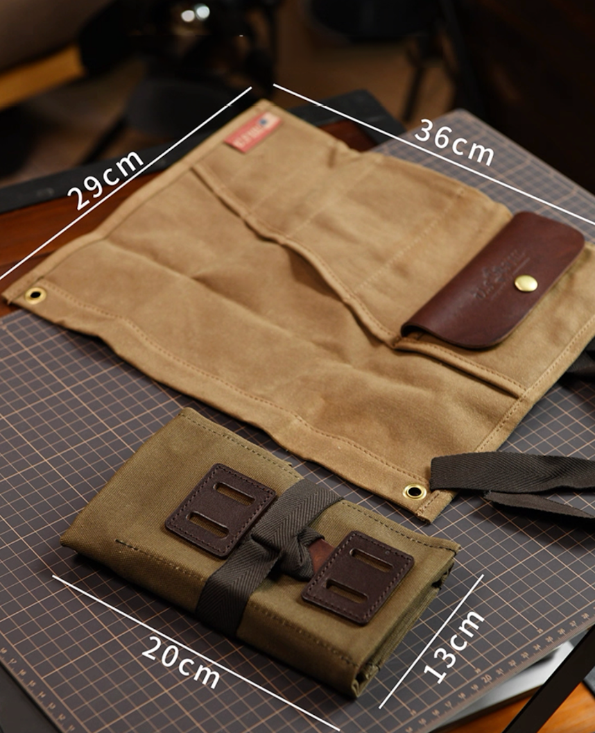 Canvas tool roll size guide showing 36 × 29 cm and 20 × 13 cm folded dimensions.