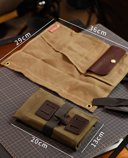 Canvas tool roll size guide showing 36 × 29 cm and 20 × 13 cm folded dimensions.