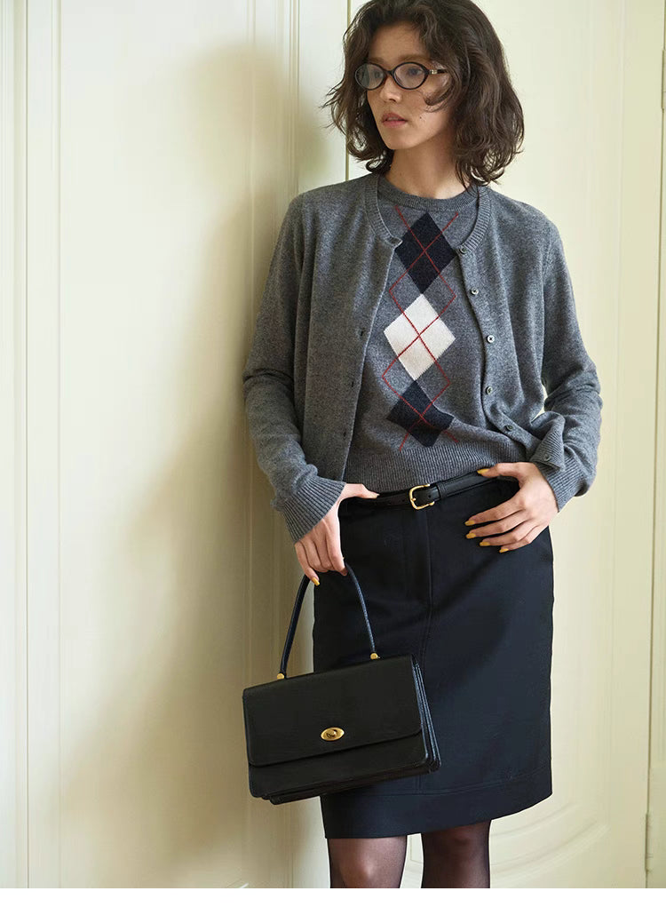 Light gray Timeless Wool Knit Vest layered under wool cardigan, preppy outfit styling with argyle diamond pattern