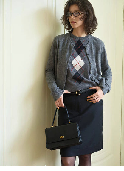Light gray Timeless Wool Knit Vest layered under wool cardigan, preppy outfit styling with argyle diamond pattern
