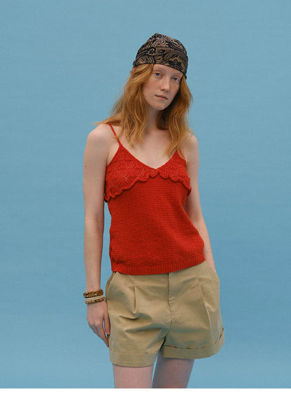 Relaxed front pose in Tomato Red cotton knit cami with V-neck and ribbed hem