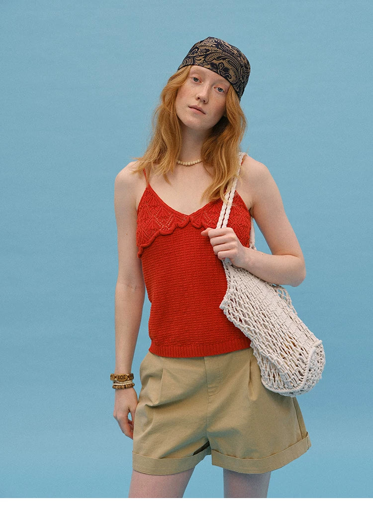 Front view of Tomato Red eyelet knit cami with lacy pointelle bodice
