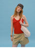 Front view of Tomato Red eyelet knit cami with lacy pointelle bodice