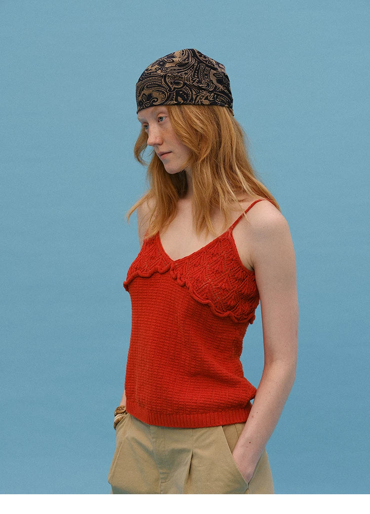 Side profile of Tomato Red cotton knit cami showing scalloped trim and slim fit