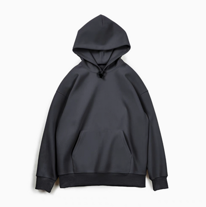 Trailblazer Pullover Hoodie in black front flat lay view featuring drawstring hood, kangaroo pocket, and ribbed cuffs