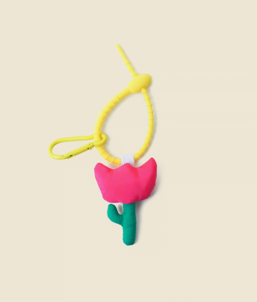 Fuchsia tulip keychain charm front view with bold bright pink flower and hanging loop