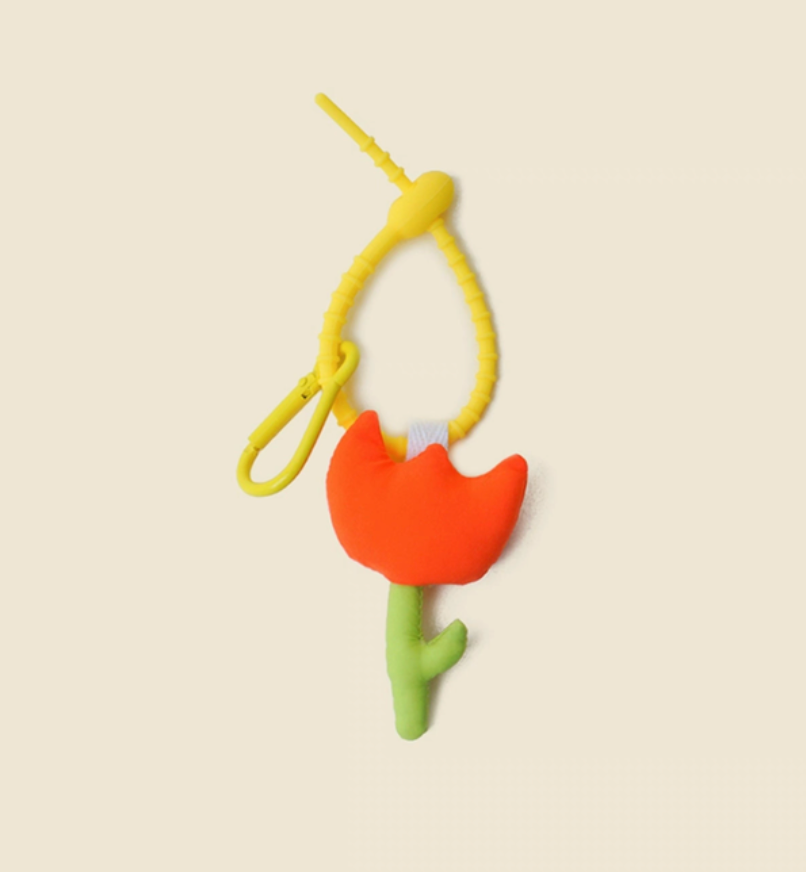 Orange tulip keychain charm front view with vibrant flower design and yellow loop clip