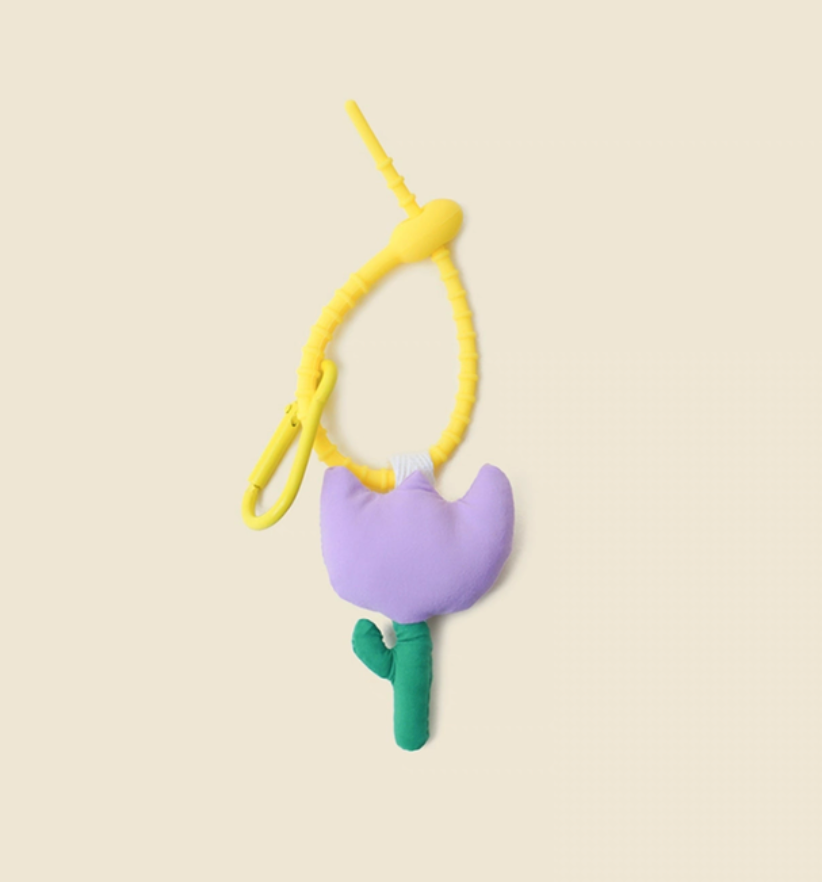 Purple tulip keychain charm front view with soft lavender flower and decorative clip