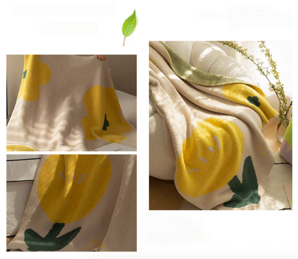 Tulip Luxe Blanket in tulip yellow shown in collage with multiple angles including draped chair view and floral pattern details
