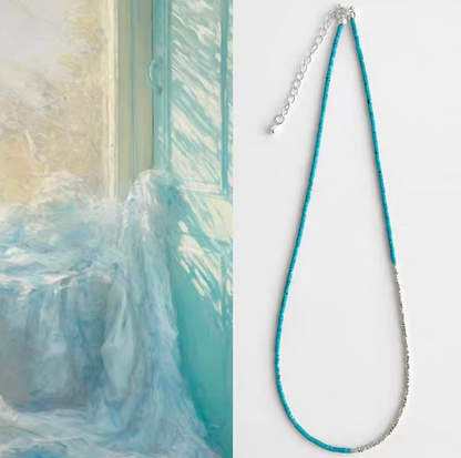 Turquoise and silver delicate choker necklace with natural turquoise beads and silver accents shown in artistic and product split view