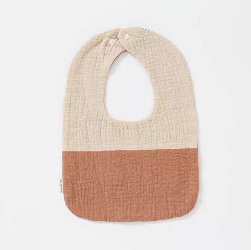 Khaki Brown U-neck cotton gauze baby bib with color-block design and soft breathable fabric