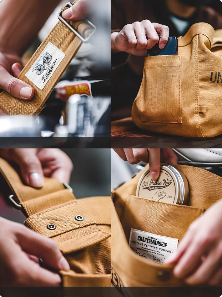 Detail collage of Urban Cruiser apricot yellow canvas messenger bag showing strap label stitching pocket storage and magnetic closure