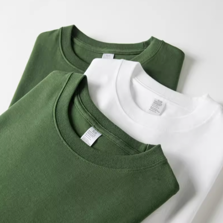 Urban Forest Tee white and avocado green layered crewneck t-shirts showing collar design and stitching detail