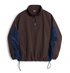 Front flat-lay of URBANCORE dark coffee brown half-zip nylon pullover jacket with navy corduroy side panels and adjustable drawcord hem.