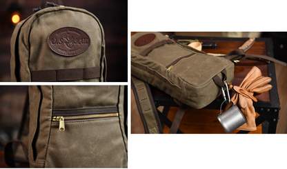Close-up collage showing YKK zipper, leather logo patch, and brass hardware details of waxed canvas bag.